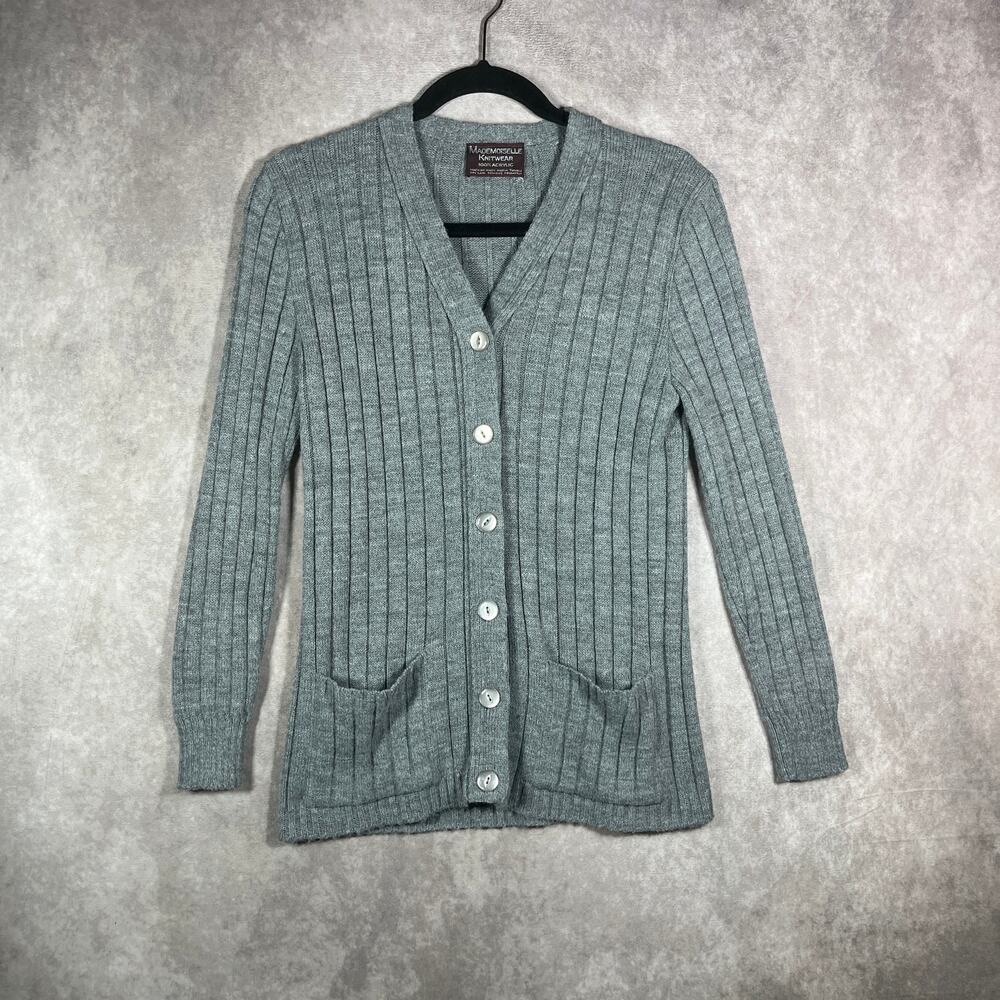 Vintage Mademoiselle Knitwear Cardigan Sweater Womens S Gray‎ Rib Knit Academia
